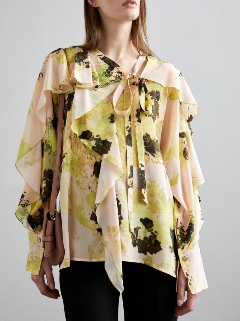 NWT Victoria Beckham Romantic Blouse Peach Lime Ruffle Long Sleeve Sz 4